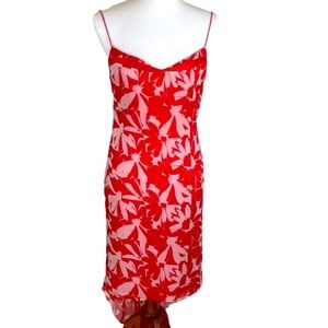 Yigal Azroule Red White Floral Ruched Train Silk Dress Size 8 Vintage